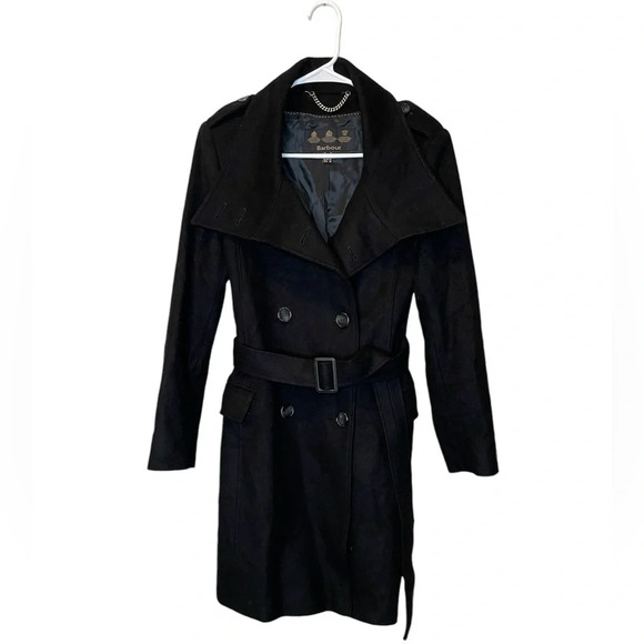 Barbour Madge Black Coat Wool and Cashmere Blend Size 4 Jacket With Belt - Picture 1 of 11